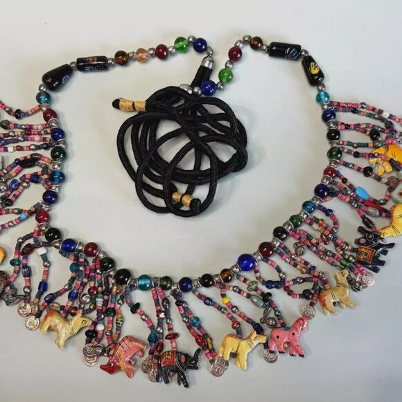 Africa Glass Bead Carved Animal Dangle Fringe Multicolor Statement Necklace/Belt - Picture 11 of 11